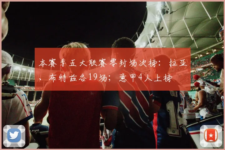 本赛季五大联赛零封场次榜：拉亚、布特兹各19场；意甲4人上榜